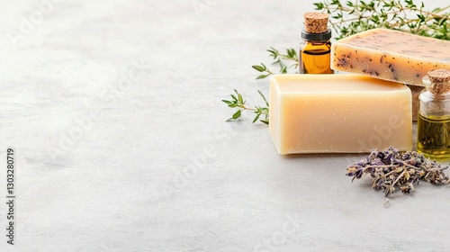 Natural soap and essential oils with lavender and thyme on a grey background, perfect for wellness and self-care themes.
