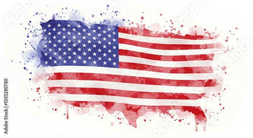 Watercolor USA Flag Independence Day Watercolor Art - A vibrant watercolor depiction of the American flag, symbolizing freedom, patriotism, unity, celebration, and national pride