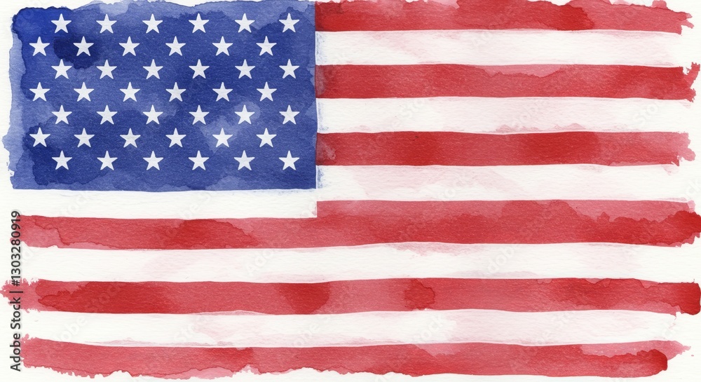 Fototapeta premium Watercolor Watercolor USA Flag Independence Day Background - A beautiful watercolor depiction of the USA flag symbolizing freedom, patriotism, unity, history, and celebration on a white background