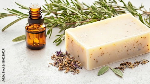 Organic soap with essential oil, surrounded by lavender and rosemary leaves, showcasing natural ingredients and wellness products.