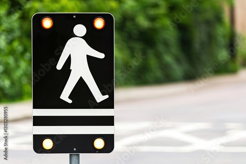 Pedestrian crossing sign with illuminated signals on a green background, emphasizing road safety for pedestrians and traffic awareness.
