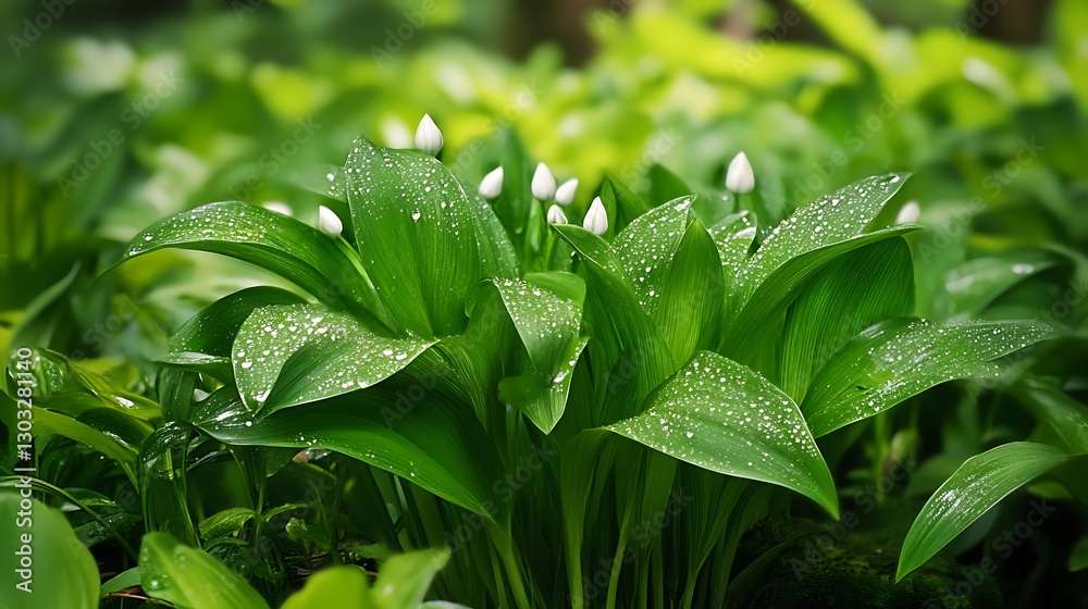Lush Green Leaves with Water Drops Surrounded by Vibrant Foliage in a Lively Garden Setting Lush Green Leaves with Water Drops Surrounded by Vibrant Foliage in a Lively Garden Setting