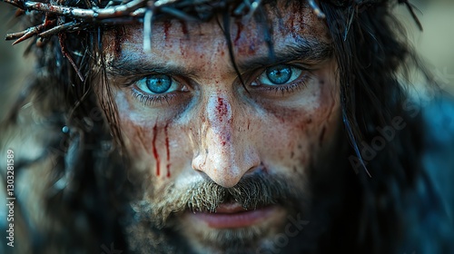 jesus christ with crown of thorns on the background of painted wall