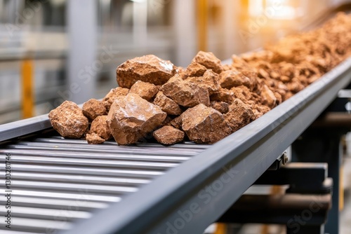 Rocks on a conveyor belt in a mining facility, showcasing efficient transportation of materials in a modern industrial setting.