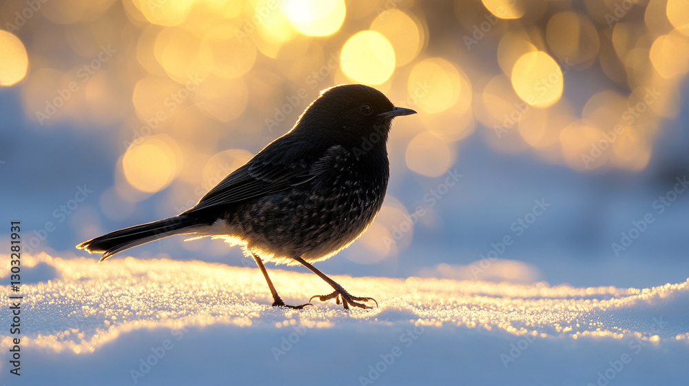 A lone bird stands on pristine winter snow, its delicate footprints trailing behind. A symbol of resilience and survival, it braves the frosty season in search of food amid the serene, icy landscape A lone bird stands on pristine winter snow, its delicate footprints trailing behind. A symbol of resilience and survival, it braves the frosty season in search of food amid the serene, icy landscape