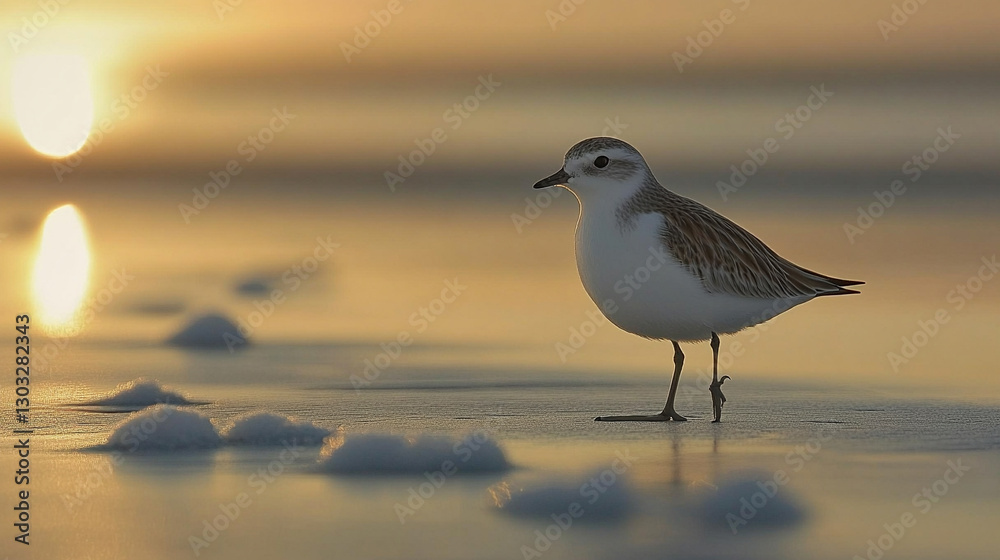 Obraz premium A lone bird stands on pristine winter snow, its delicate footprints trailing behind. A symbol of resilience and survival, it braves the frosty season in search of food amid the serene, icy landscape