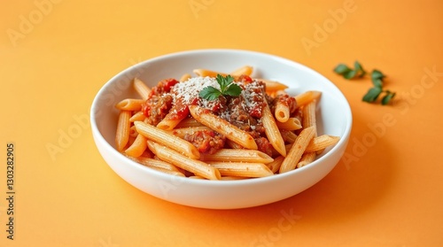 Penne Arrabbiata with Parsley and Grated Cheese in a White Bowl on an Orange Background photo