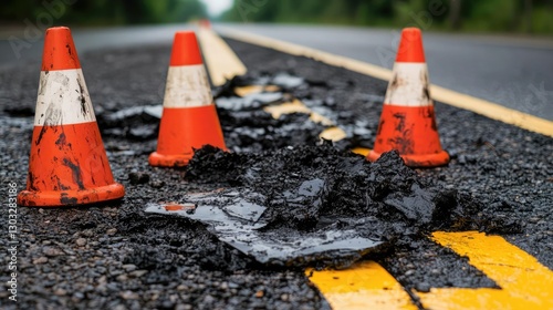 Traffic cones arranged around a damaged, uneven asphalt road, highlighting the need for road repair and maintenance.