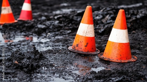 Two orange traffic cones positioned on a muddy construction site, highlighting caution and safety in urban environments.