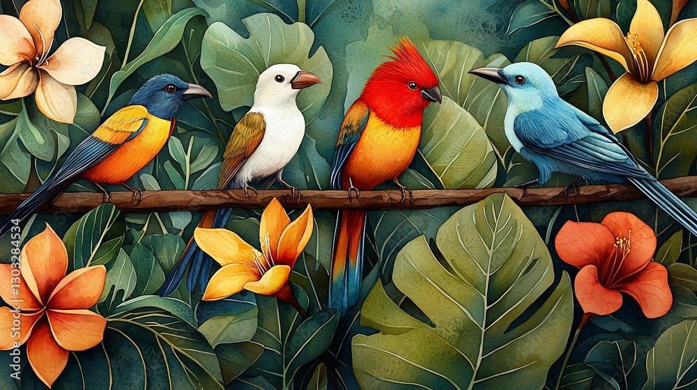 Obraz premium Tropical birds perched on branch, lush foliage background