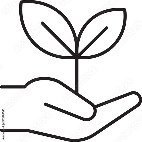 Hand holding a sprouting plant line icon
