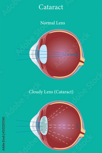 illustration of cataract in human eyes. eye vision disorder. vector illustration on green background. eps 10