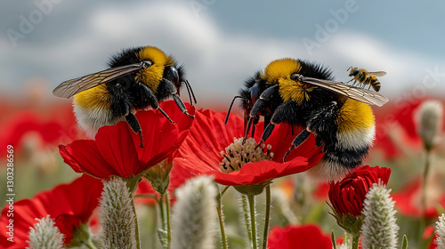 Bumblebees feeding on poppies in a field