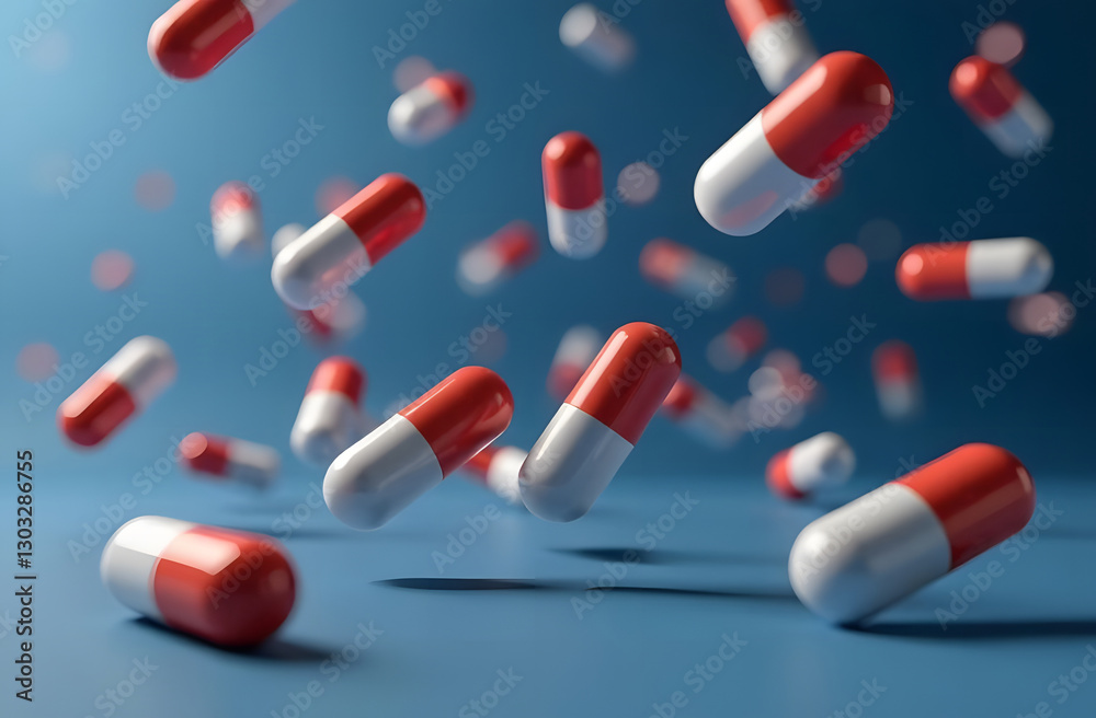 An image of red and white tablets on an isolated blue background. Blue pharmaceutical capsules floating in the air. The concept of medicine and health An image of red and white tablets on an isolated blue background. Blue pharmaceutical capsules floating in the air. The concept of medicine and health