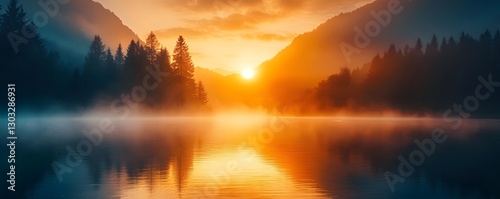 A magical sunrise over a mountain lake with mist hovering above the water.
