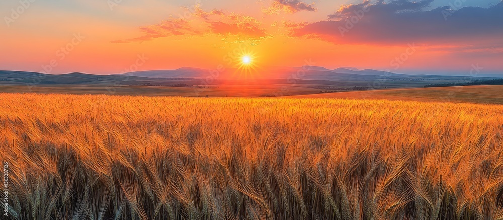 Fototapeta premium Golden sunset over a field of tall grass, warm colors, vibrant landscape, natural light, summer, countryside, agriculture, horizon, dramatic sky, warm toned field, serene scenery, golden grass