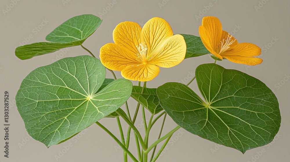 Fototapeta premium Close-up studio shot of vibrant yellow flowers and leaves against a neutral background