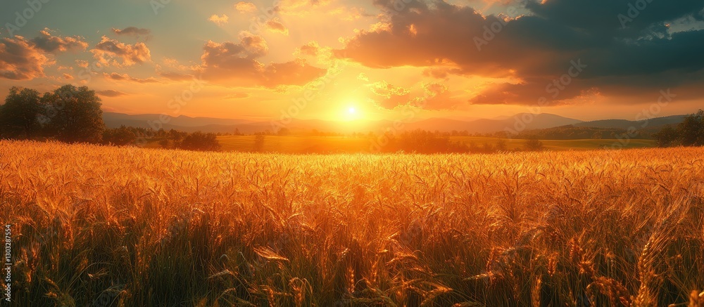 Fototapeta premium Golden sunset over a field of tall grasses, warm colors, dramatic clouds, tranquil scene