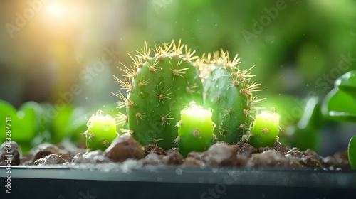 A genetically modified cactus plant produces unique water filled fruits that glow softly in the dark showcasing the potential of innovative biotechnological advancements in the natural world