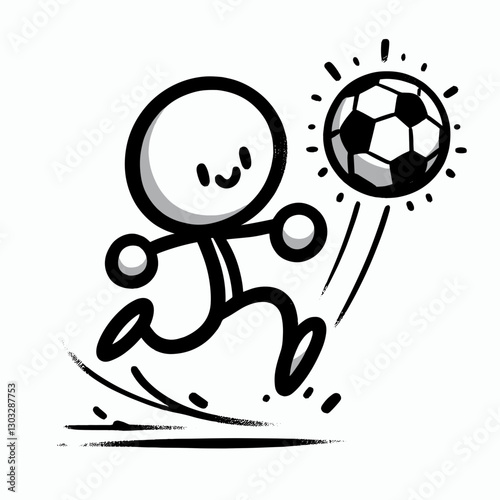 Minimalistic icon. Energetic stickman figure dynamically kicking a soccer ball. Vector illustration in flat design, perfect for web design.