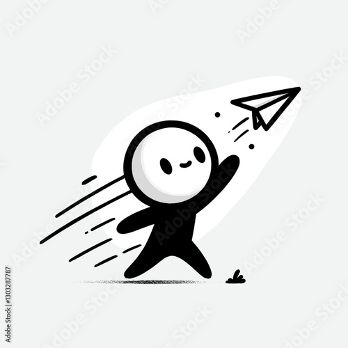 Minimalistic icon. Joyful stickman character launching a paper airplane. Vector icon in flat design, perfect for web design.