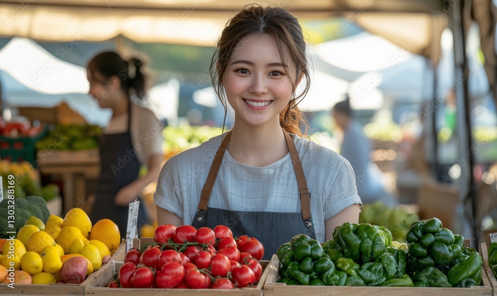 Joyful Vendor Showcasing Fresh Produce at Vibrant Market Stall