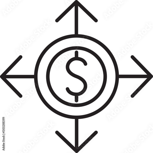 Money management symbol with directional arrows line icon