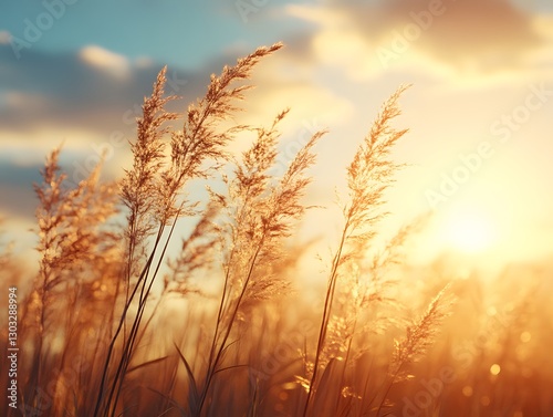 Golden reeds sway in sunset field photo