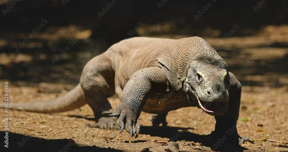 Huge Komodo dragon or Varanus Komodoensis walking in the jungle, flicking its forked tongue, searching for prey with its keen sense of smell in the Komodo national park, Indonesia, Rinca island Huge Komodo dragon or Varanus Komodoensis walking in the jungle, flicking its forked tongue, searching for prey with its keen sense of smell in the Komodo national park, Indonesia, Rinca island