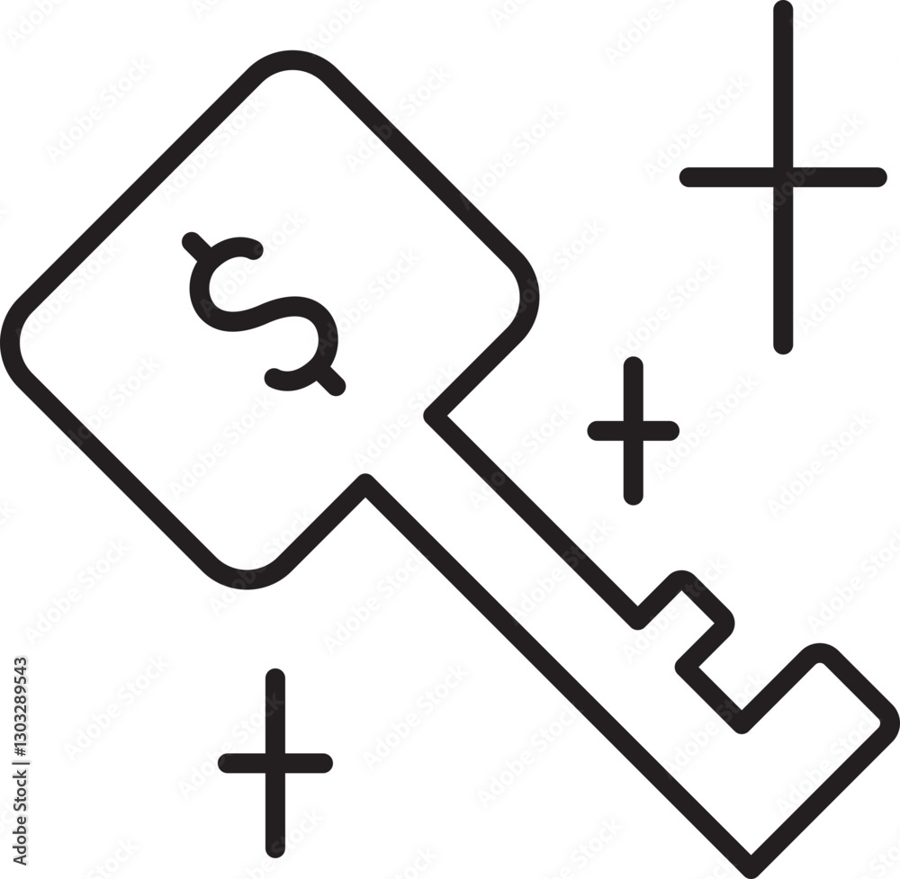 Key with dollar sign and sparkling elements line icon Key with dollar sign and sparkling elements line icon
