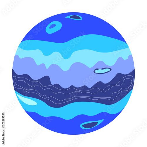 Blue planet located somewhere in  vastness of the universe. Cosmic body lost in interstellar space. Space day. One icon isolated on  white background. Cute and cartoony.