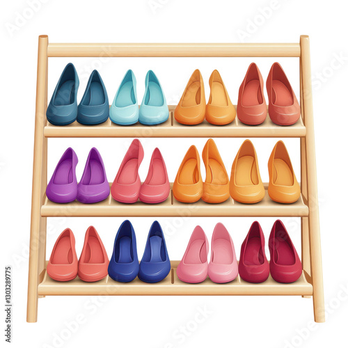 Modern multi tiered shoe rack displaying colorful shoes in various shades clip art on a transparency background photo