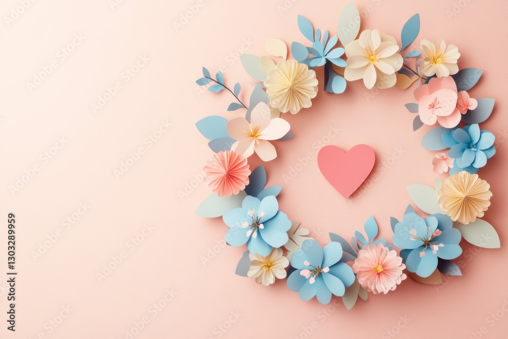 Obraz premium Paper flower wreath on pastel background; delicate design for a feminine aesthetic; possible use in cards, invitations, or stationery