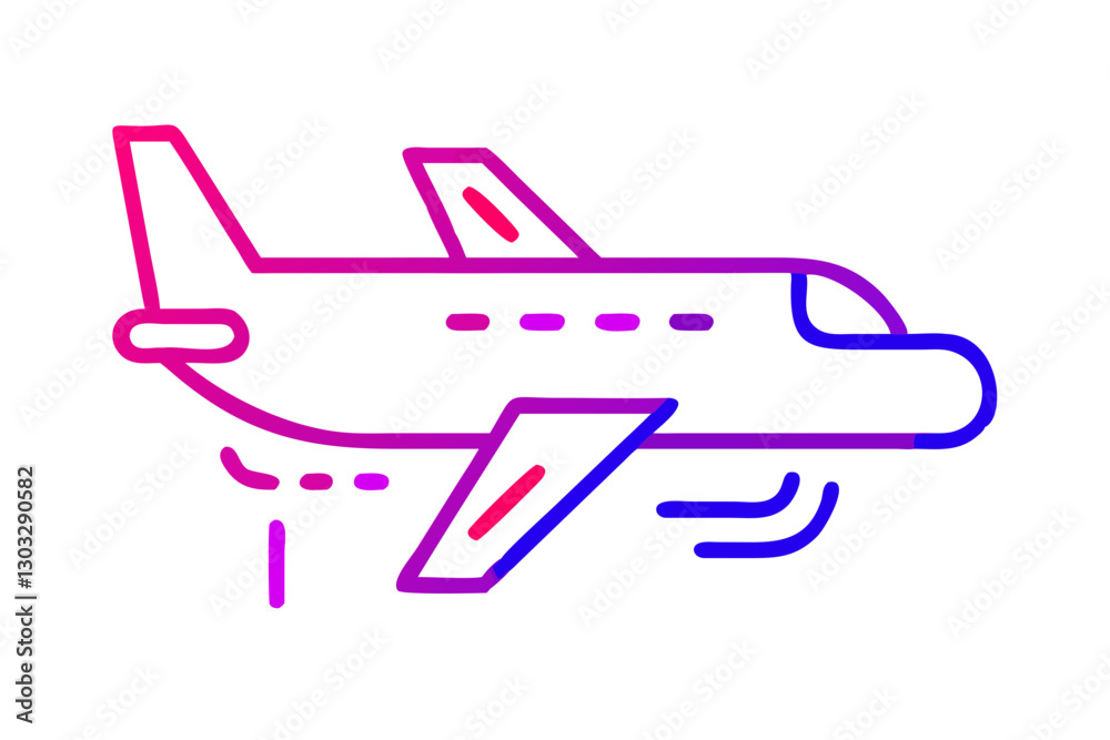 Gradient Line Art Airplane Icon In Motion, Modern Travel Symbol, Aviation Concept, Fast Air Transport, Flight Illustration, Minimalist Neon Design, Airline Industry, Tourism, Business Travel, Futurist