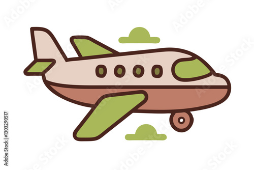 Hand-Drawn Cartoon Airplane With Green And Brown Colors, Cute Travel Illustration, Passenger Aircraft, Aviation Concept, Air Transport, Tourism, Vacation, Transportation Icon, Minimalist Doodle Style