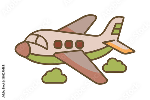 Hand-Drawn Cartoon Airplane With Green And Brown Colors, Cute Travel Illustration, Passenger Aircraft, Aviation Concept, Air Transport, Tourism, Vacation, Transportation Icon, Minimalist Doodle Style