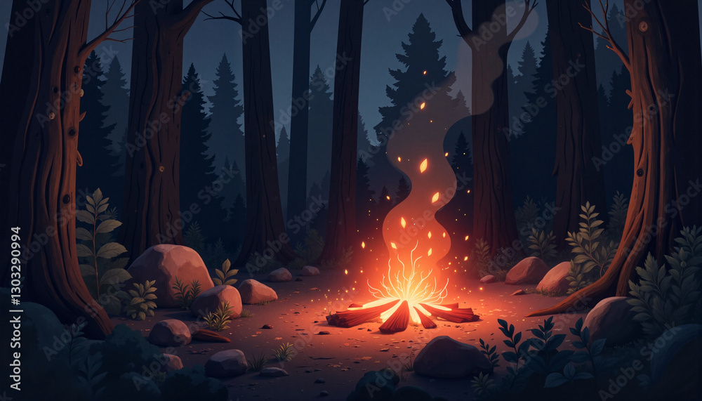 Obraz premium Glowing campfire illuminating night forest, warmth and reflection