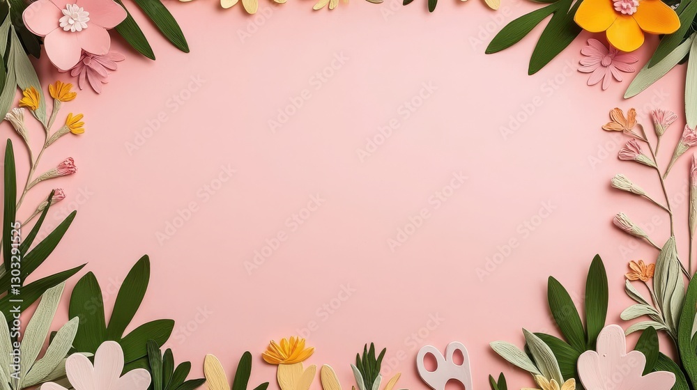 Fototapeta premium Colorful Paper Flowers Frame on Pastel Pink Background
