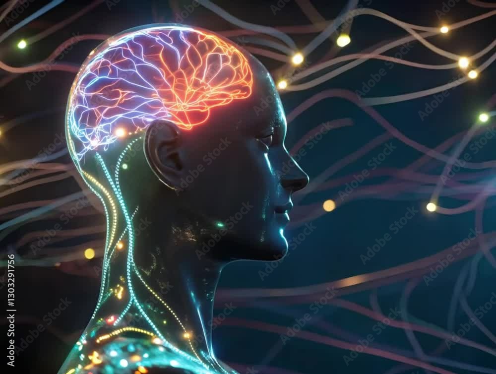 Transparent mockup of a human head with a glowing brain and a ...