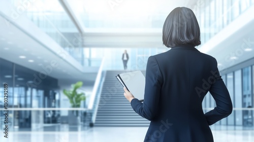 Businesswoman in Modern Office With Digital Tablet and Colleague Walking