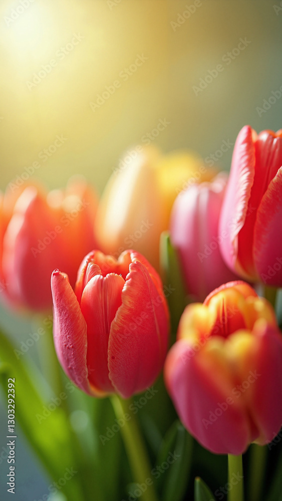 Vibrant Tulip Bouquet with Bokeh Effect: Perfect for Mother's Day Cards, Floral Advertisements, and Spring Promotions Vibrant Tulip Bouquet with Bokeh Effect: Perfect for Mother's Day Cards, Floral Advertisements, and Spring Promotions