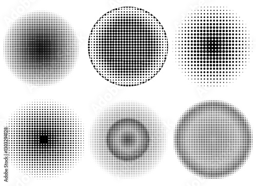 Set of halftone dots of round shape isolated empty background. Set of gray halftone dots faded gradient texture. Retro pixelated vector backdrop circular halftone. Abstract dotted circles halftone.