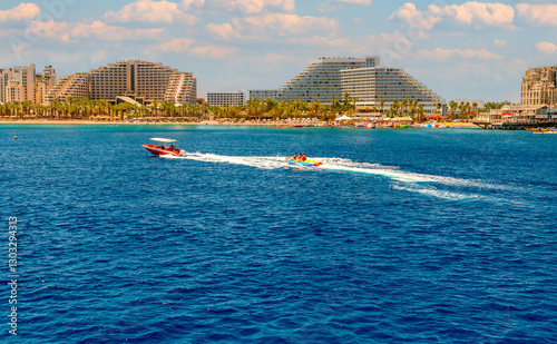 Water sport activities and resting on the Red Sea. Panoramic view on central ...