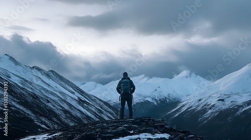 Lone hiker standing on top of a snow capped mountain peak with dramatic cloudy sky and moody rugged landscape in the background  Concept of solitude in the great outdoors