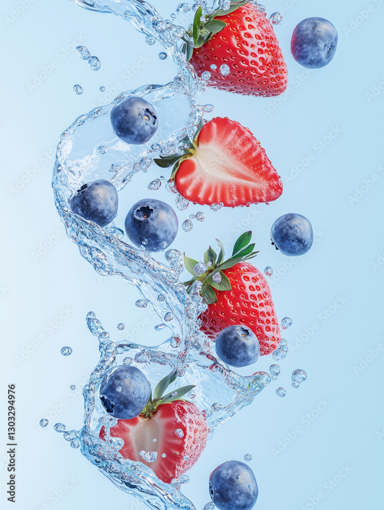 Fresh strawberries and blueberries splashing in clear water create a vibrant display Fresh strawberries and blueberries splashing in clear water create a vibrant display