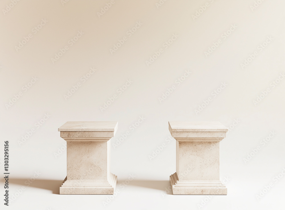 Two classical stone pedestals on a neutral background. Minimalist composition with a soft beige tone.