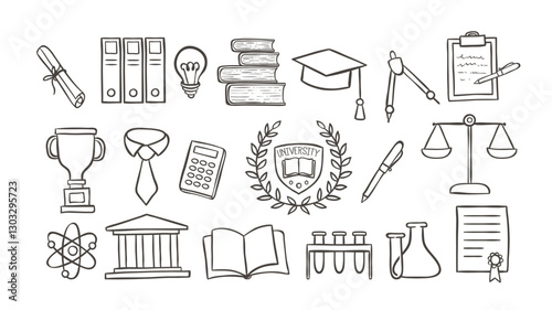 Cute hand-drawn University Doodle Icons, perfect for blogs, social media, prints and crafting projects. A total of 27 icon designs. Vector illustration.