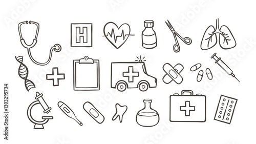 Cute hand-drawn Medicine Doodle Icons, perfect for blogs, social media, prints and crafting projects. A total of 20 icon designs. Vector illustration.