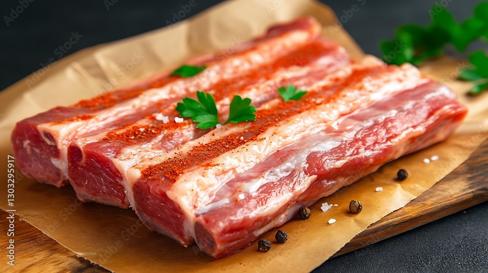 Fresh Raw Meat Ribs Garnished with Herbs and Spices on a Wooden Platter Ready for Cooking Fresh Raw Meat Ribs Garnished with Herbs and Spices on a Wooden Platter Ready for Cooking