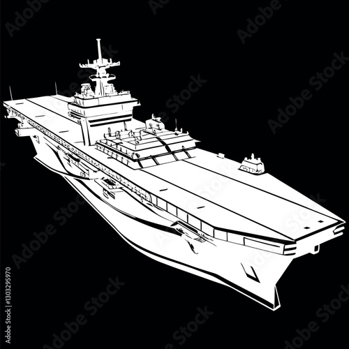 Black and white illustration of a Aircraft carrier, warship, Military vehicles.